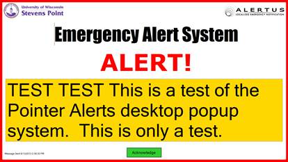 Screen-shot of the Aalertus desktop application displaying a test alert