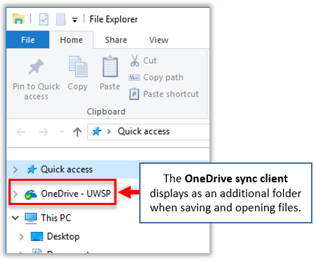 The OneDrive sync client displays as an additional folder when saving and opening files