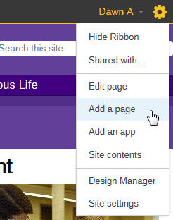 Photo of the location of "New Page" in the Site Actions menu