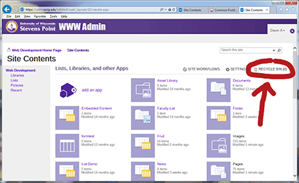 image showing location of recycle bin on page