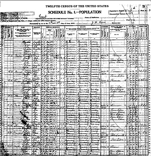 Page 98B, Town of Grant, family names Gussel, Joecks, Kausora, Miller, Panter, Timm, and Turban from the Twelfth (1900) U.S. Census of Portage County