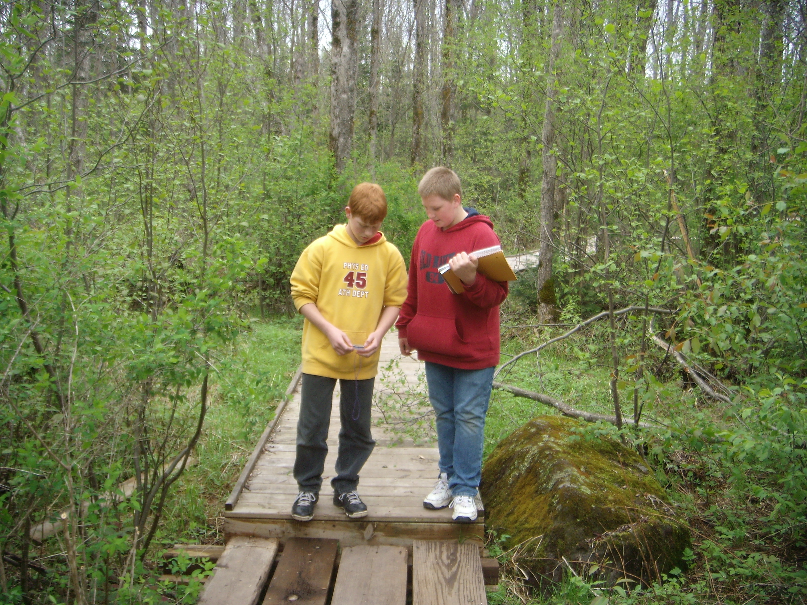 Two Boys in Forest Using Navigational Compasses